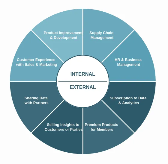 Data monetization examples by industry — healthcare, telco, IoT, and enterprise use cases with icons and one-line descriptions.
