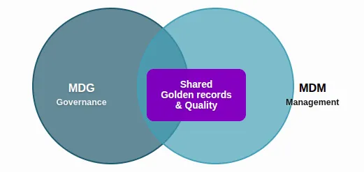 MDM vs MDG comparison — governance (policies, roles, standards) vs management (tools, processes, data flow)